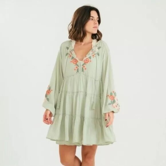 FREE PEOPLE Spell On You Embroidered Mini Dress in Earth Sage Size L - Picture 1 of 13